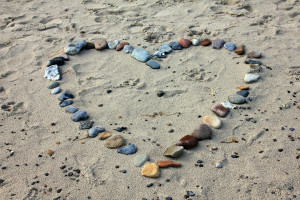 heart stones on beach